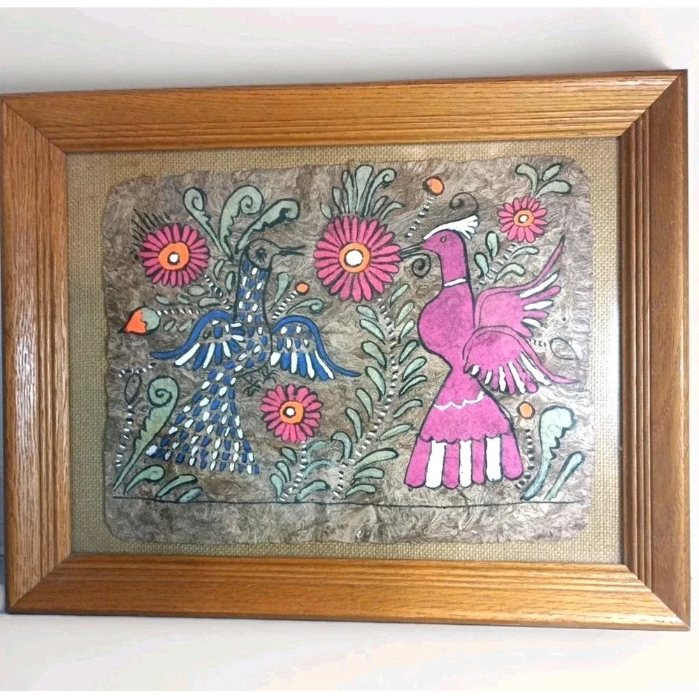 VTG Mexican Amate Bark Paper Folk Art Hand Painted Birds in Frame 18.5 x 14.5